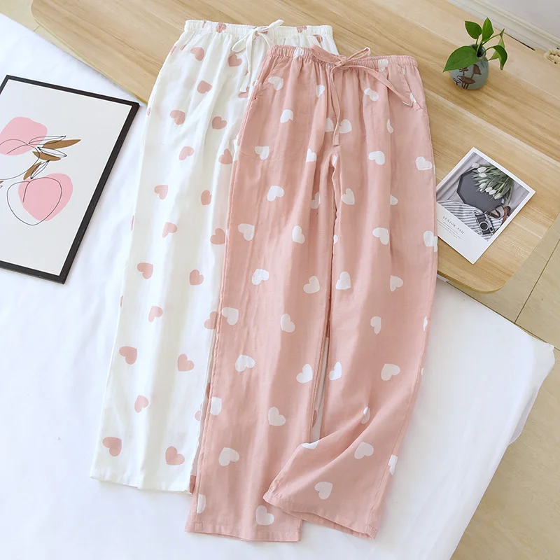

Love Heart Printing Cotton Double-Layer Gauze Pajama Pants for Women Four Seasons Thin Pants with Side Pockets for Sleepwear