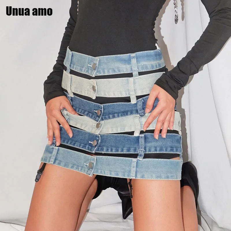 

Hollow Out Mini Skirt Women Y2K Denim Skirts Summer High Waist Patchwork Contrast Color Striped Skirt Streetwear Gothic Clothes