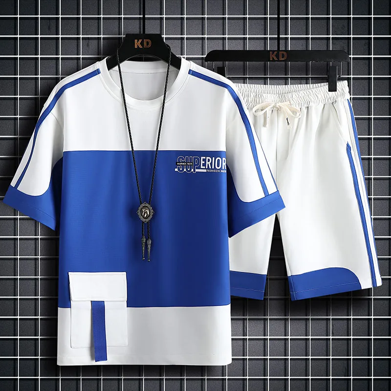 2023 New Summer Short-Sleeved T-shirt Men's Loose Stitching T-shirt Youth Thin Student Sports Shorts Suit Fashion