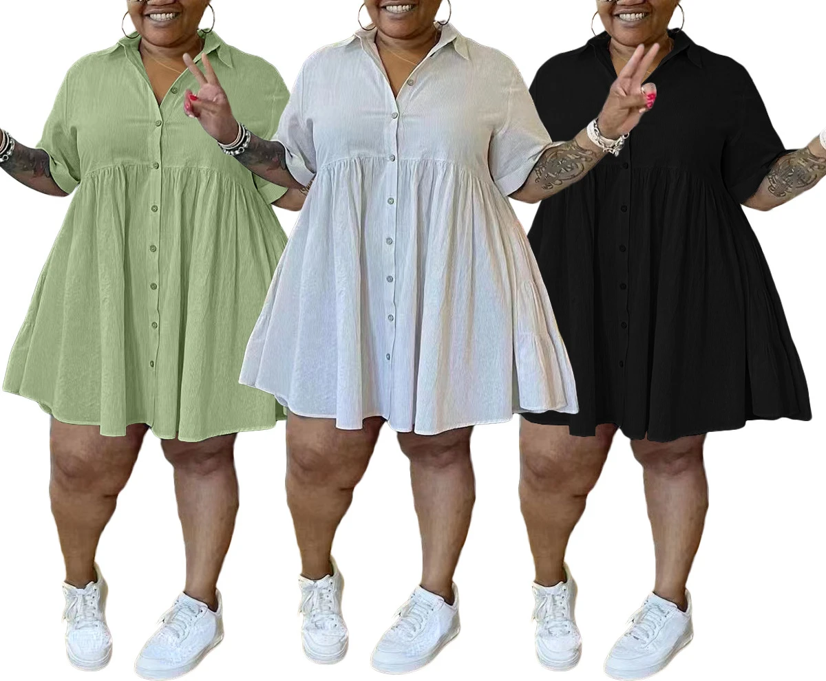

Summer A-line Fashion Dress Women Turn-Down Collar Button Up Loose Casual Mini Dress Vestidos