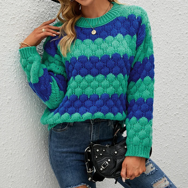 

Женский вязаный пуловер, Свободный теплый свитер контрастных цветов в полоску с длинным рукавом и круглым вырезом, Осень-зима 2022
