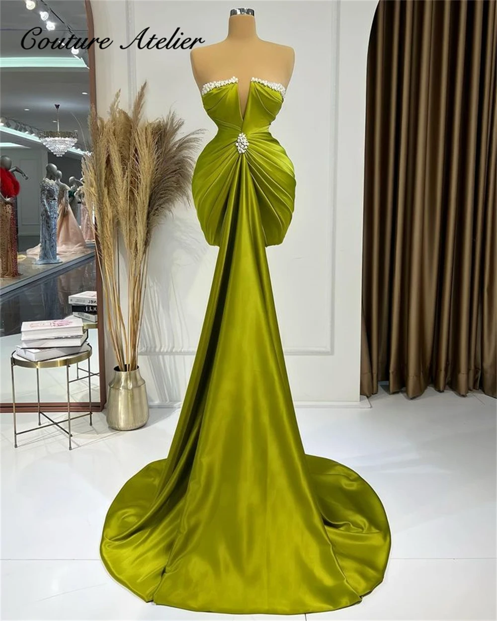 

Strapless Beaded Pearls Satin Mermaid Prom Dresses With Train Middle East Birthday Dress Elegant Mini Cocktail Gowns vestidos