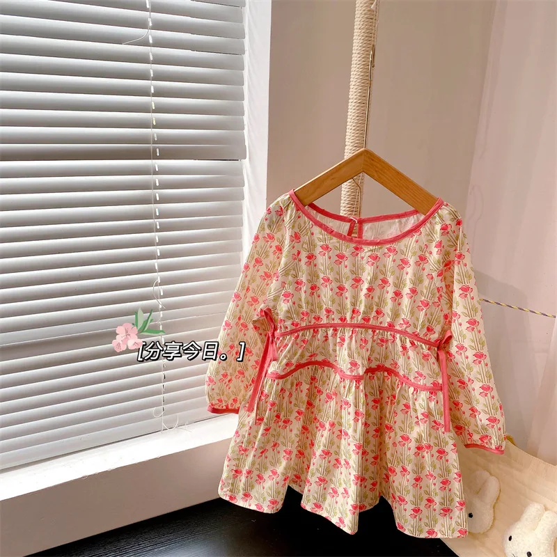Хлопковая юбка, платья для девочек, Летние Повседневные детские костюмы с длинным рукавом и цветочным рисунком, высококачественное платье принцессы на день рождения, платья