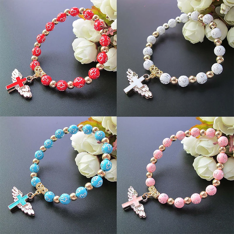 

Bracelet DIY Wings Baptism Handmade Women's Bracelet Jesus Christ Prayer Garland Bronzing Acrylic Cross Beads Fashion Bracelet