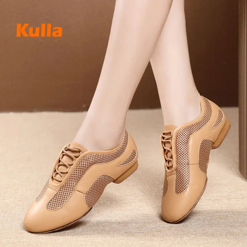 Latin Dance Shoes Women Salsa Jazz Dance Shoes Leather Breath Falt Heel Female Tango Ballroom Dancing Shoe Ladies Dance Sneakers