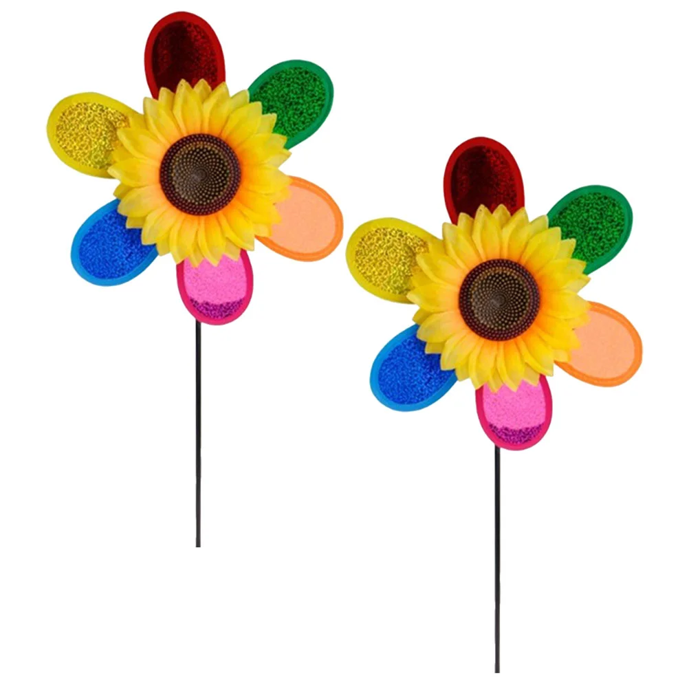 

2Pcs Sunflower Windmill Decors Colorful Pinwheel Decors Pinwheel Stakes Ornaments