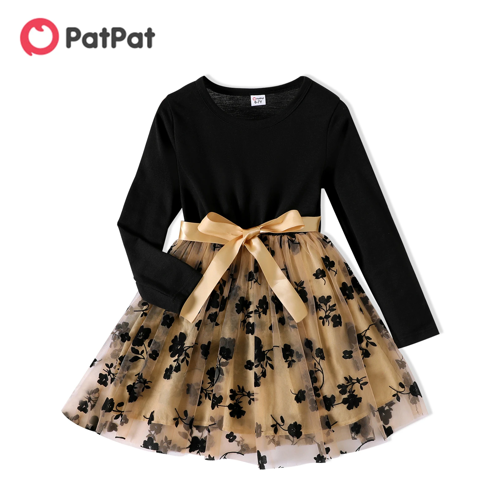 

PatPat Kid Girl Floral Embroidered Belted Mesh Splice Long-sleeve Dress