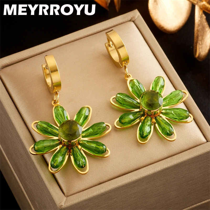 

MEYRROYU 316L Stainless Steel 18K Gold Plated Green Flower Crystal Hoop Earrings for Women Statement Jewelry Party Gift Brincos