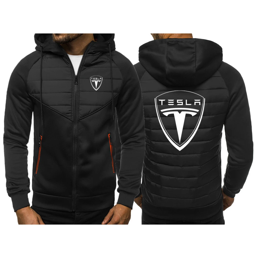 

2023 Spring Autumn New Tesla Car Logo Print Long Sleeve Zip Cotton Patchwork Jackets Man's Fashion Loose Hooded Thin Padded Coat