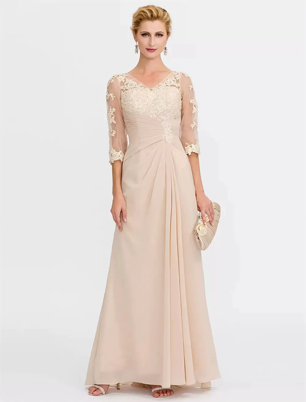 

Sheath / Column Mother of the Bride Dress Elegant See Through V Neck Floor Length Chiffon Sheer Lace Half Sleeve with Appliques