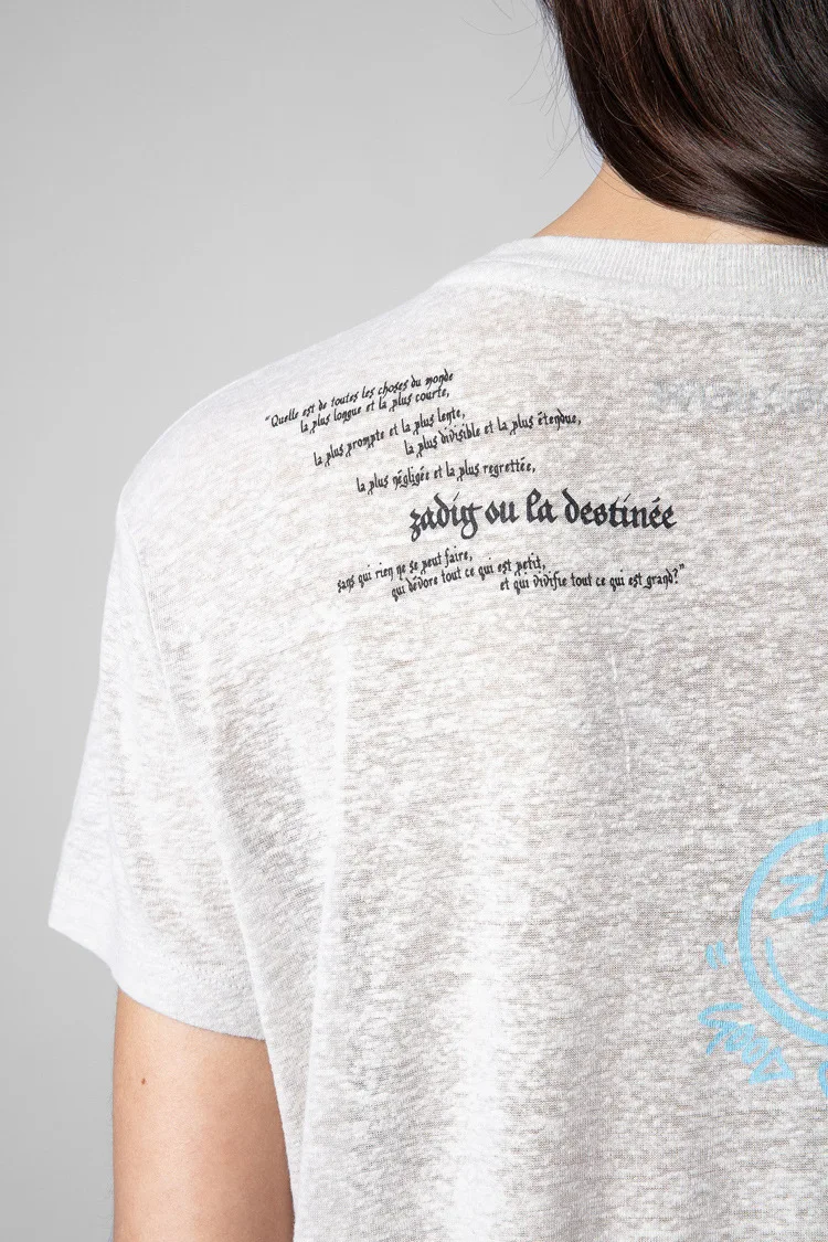 

2023 Spring And Summer Women Smile Letter Print Pullover Linen O-Neck Loose T-Shirts