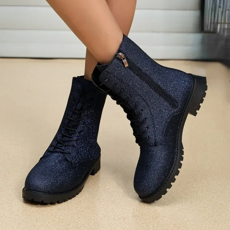 

Женские ботинки на молнии, теплые короткие ботинки на толстом высоком каблуке, с круглым носком, на ремешке, с блестками, большие размеры 36-42, Осень-зима 2024