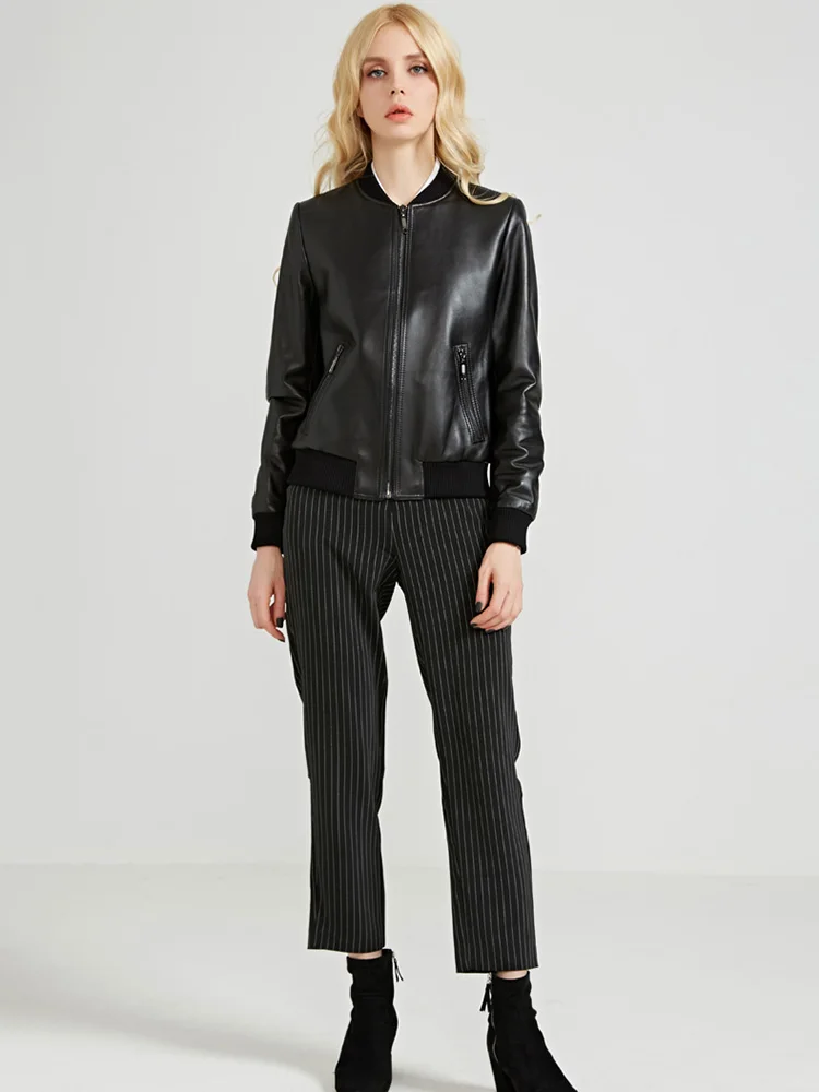 New Women Genuine Leather Coat Spring Autumn Fashion Casual Stand Collar Short Sheepskin Moto Jacket Slim Long Sleeve Outerwear