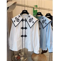 spring 2022 fashion new contrast color western style new chinese style button up shirt long sleeved womens top
