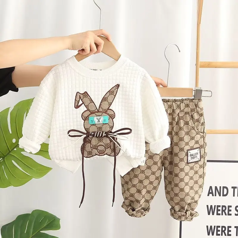 

2023 Newest Autumn Spring Teens Clothes Set New Sport Rabbit Print Cotton Crop Top T Shirt + Pants Suit Korea Child Tracksuit
