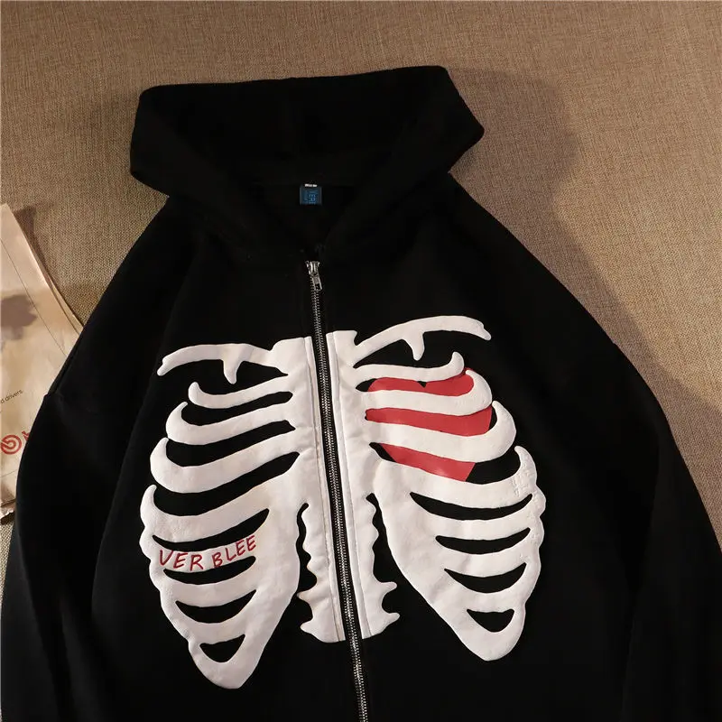 

Zipper Hooded Pockets Jacket Female Fashion Loose Streetwear Sweatshirt Y2K Skull Print Hoodies Women Men Vintage Long Sleeve