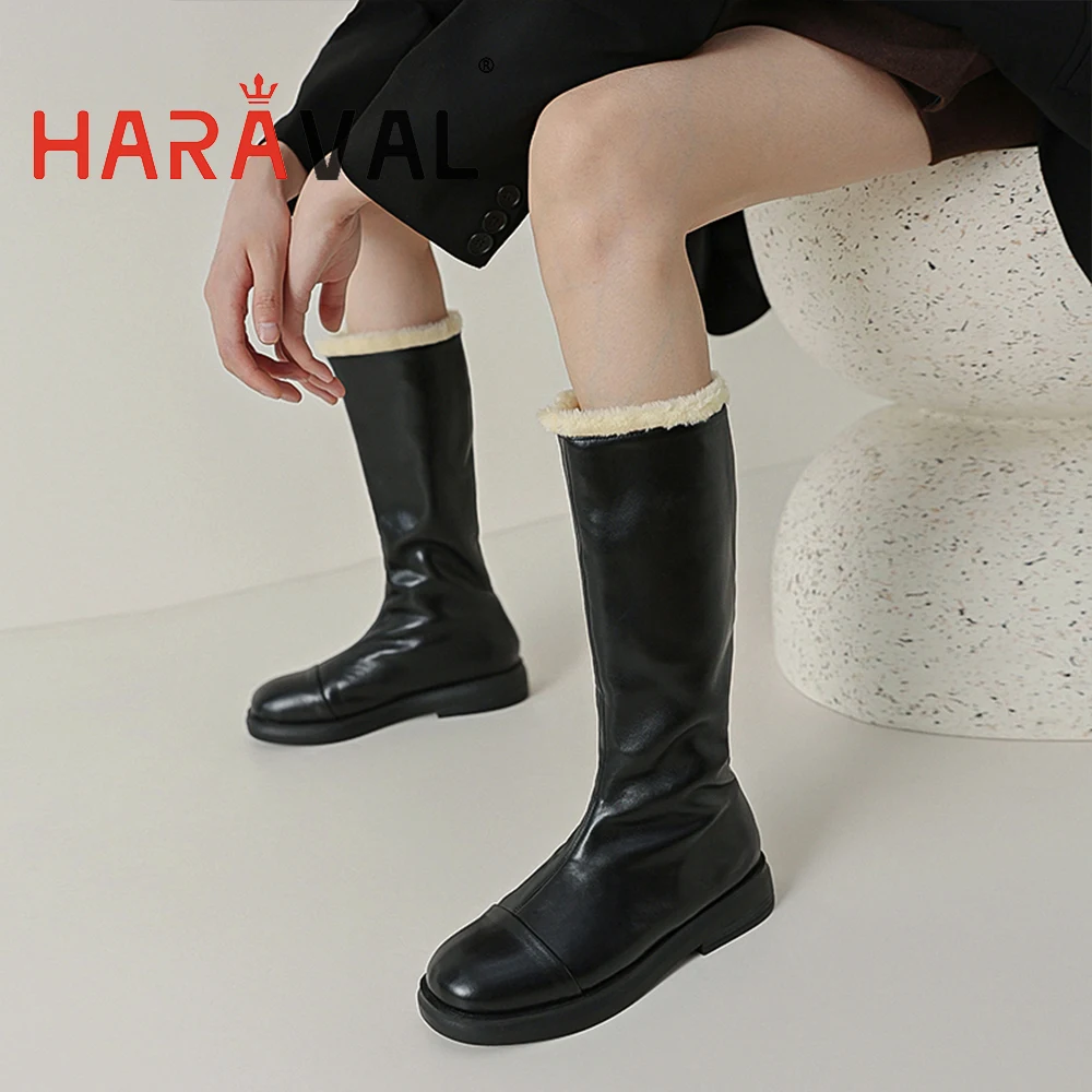 

HARAVAL Women Winter Knee High Boots Slip On Wool Lining Solid Leather Shoes Low Heels Rounded Toe Fashion Elegant Casual Walk