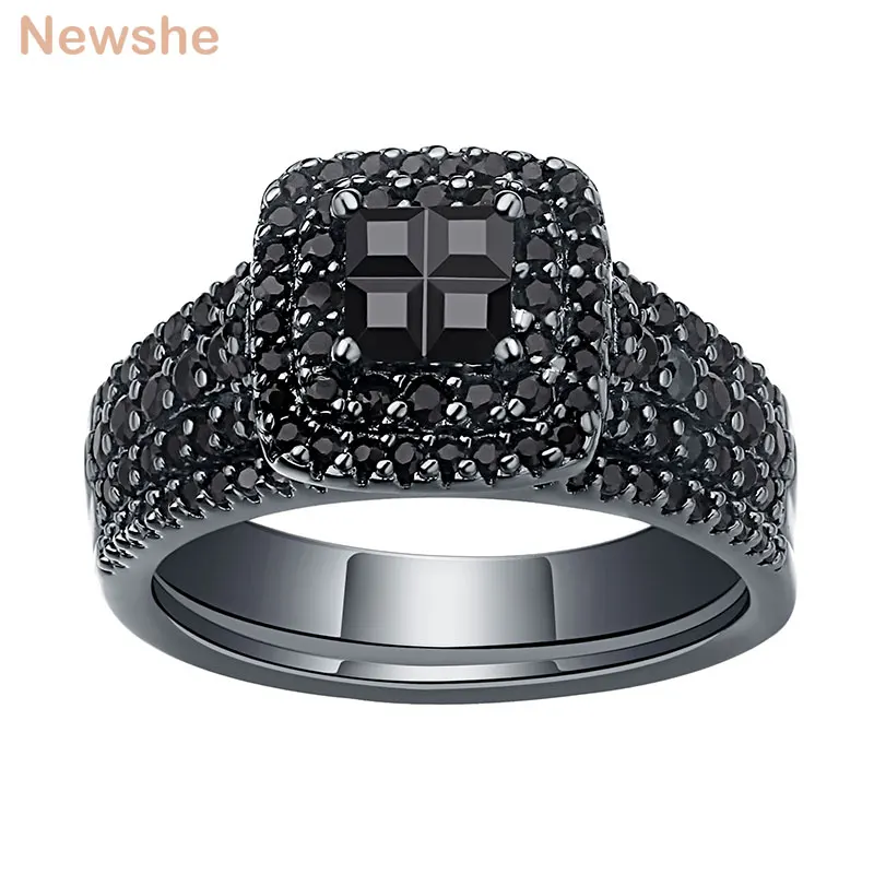 

Newshe 2 Pieces Elegant Fashion Black Wedding Engagement Ring Set For Women Cross Cut AAA Cubic Zircon Jewelry QR0763WG
