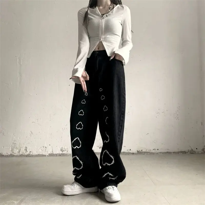 

Pants Women Black High Street Vibe Harajuku 90S Baggy Cargo Jeans Women's Retro Love Print Wide Leg Trousers Vintage Streetwear