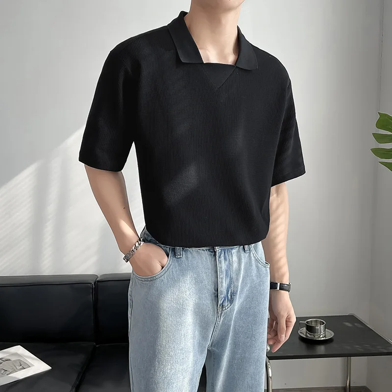 

Summer Cuban Lapel Collar T-shirt Men Solid Color Loose Casual T Shirts Fashion Oversized Streetwear Social Tee Men Clothing