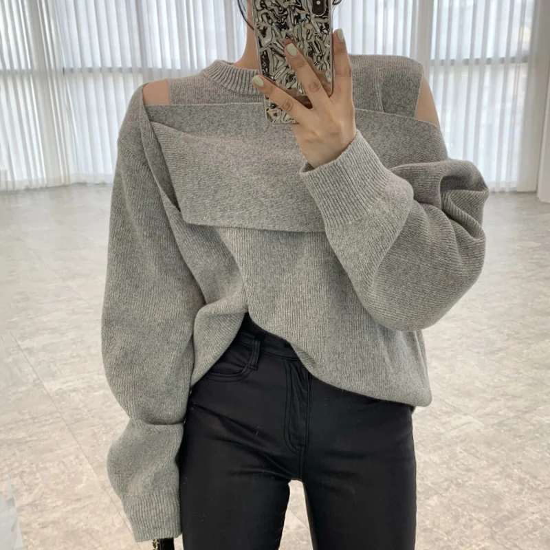 

DUOFAN Chic Solid Sweaters Layering Hollow Off Shoulder Splicing Sweater Jumpers Women Loose Long Sleeve O Neck Knit Pullovers