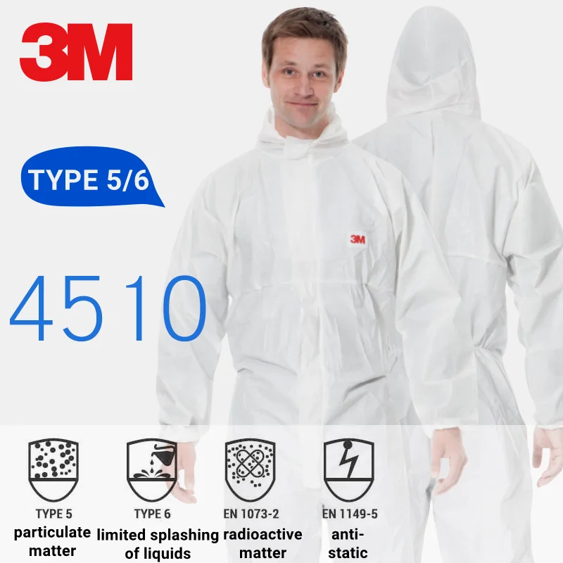 3M 4510 Safety Coverall Hooded Clothes Certificate Anti-static TYPE 5/6 Liquid Splash Proof Effective Protection Safety Clothing