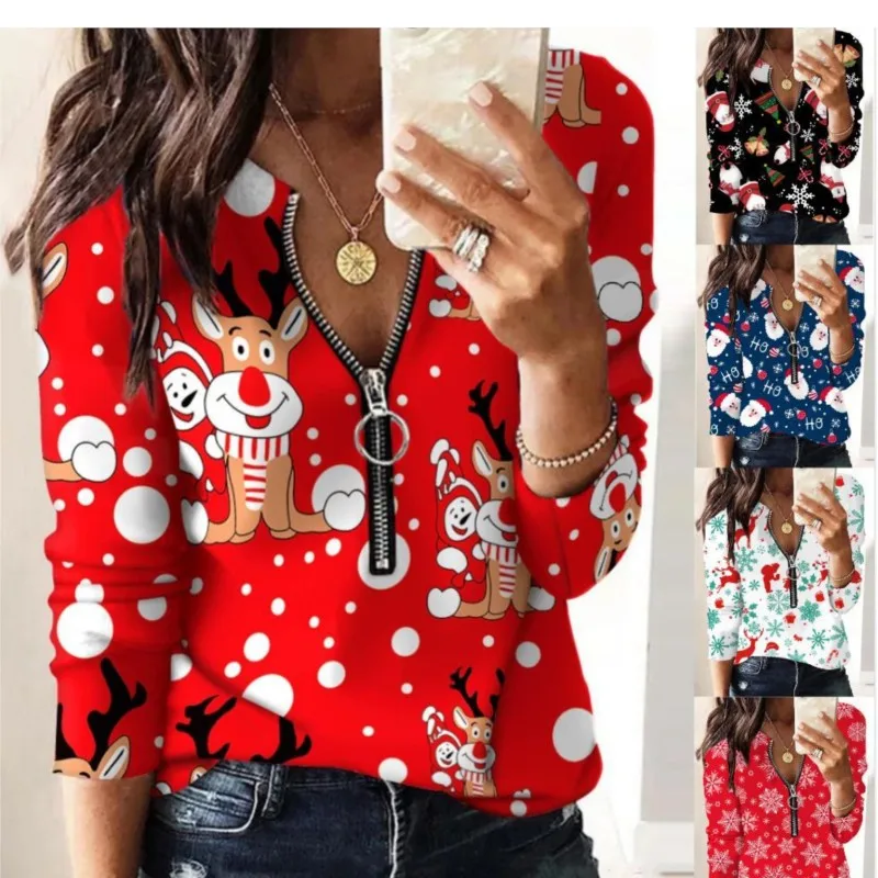 

Новинка Осень-зима 2023, женский модный свитер с рождественским принтом, уличный модный свитер с V-образным вырезом и длинным рукавом, Женский Топ