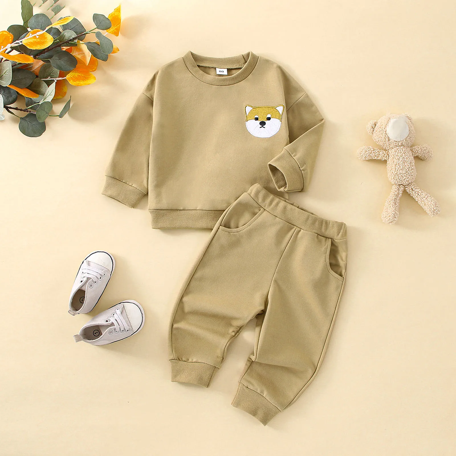 

0-24 Months Newborn Clothes Sets Baby Boys Girls 2 Pieces Outfits Dogs Embroidery Round Neck Long Sleeve Sweatshirts+Pants Sets