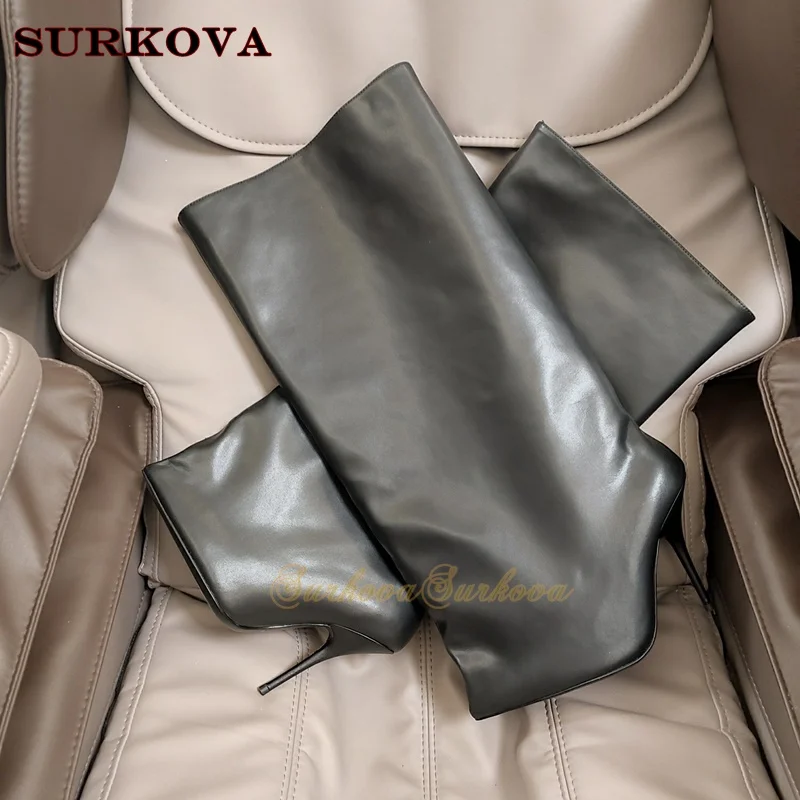 Джинсовые свободные сапоги до колена прямые роскошные модные на шпильке с острым