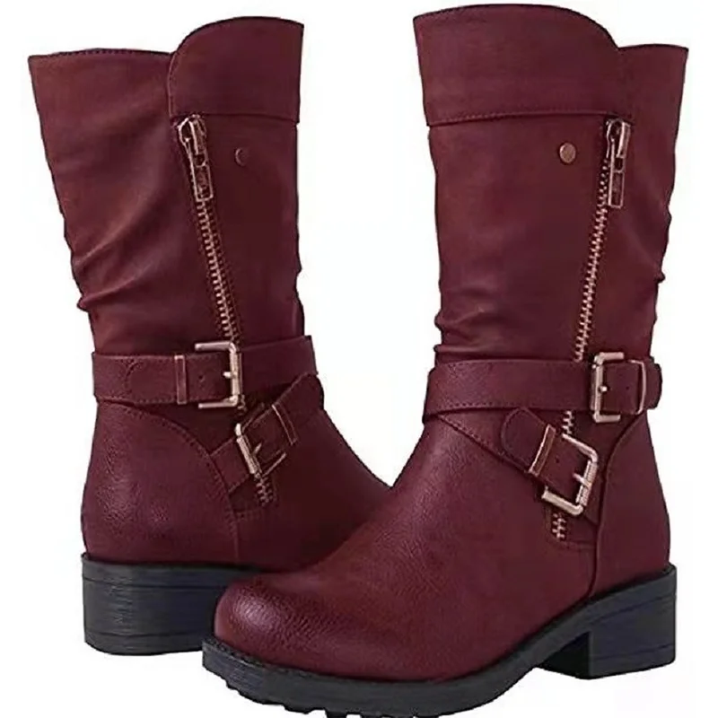 

2022 Autumn Winter Mid Calf Boots Women Retro Zipper Women Shoes Fashion Platform Water Proof Belt Buckle Casual Knight Boots
