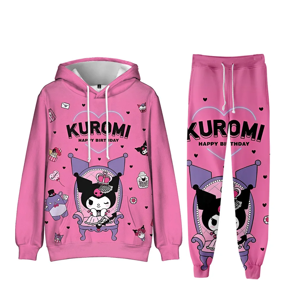

3D New Product Sanrio Kuromi Peripheral Kawaii Printed Hooded Sweatshirt Leggings Set Two-piece Set for Adults and Children