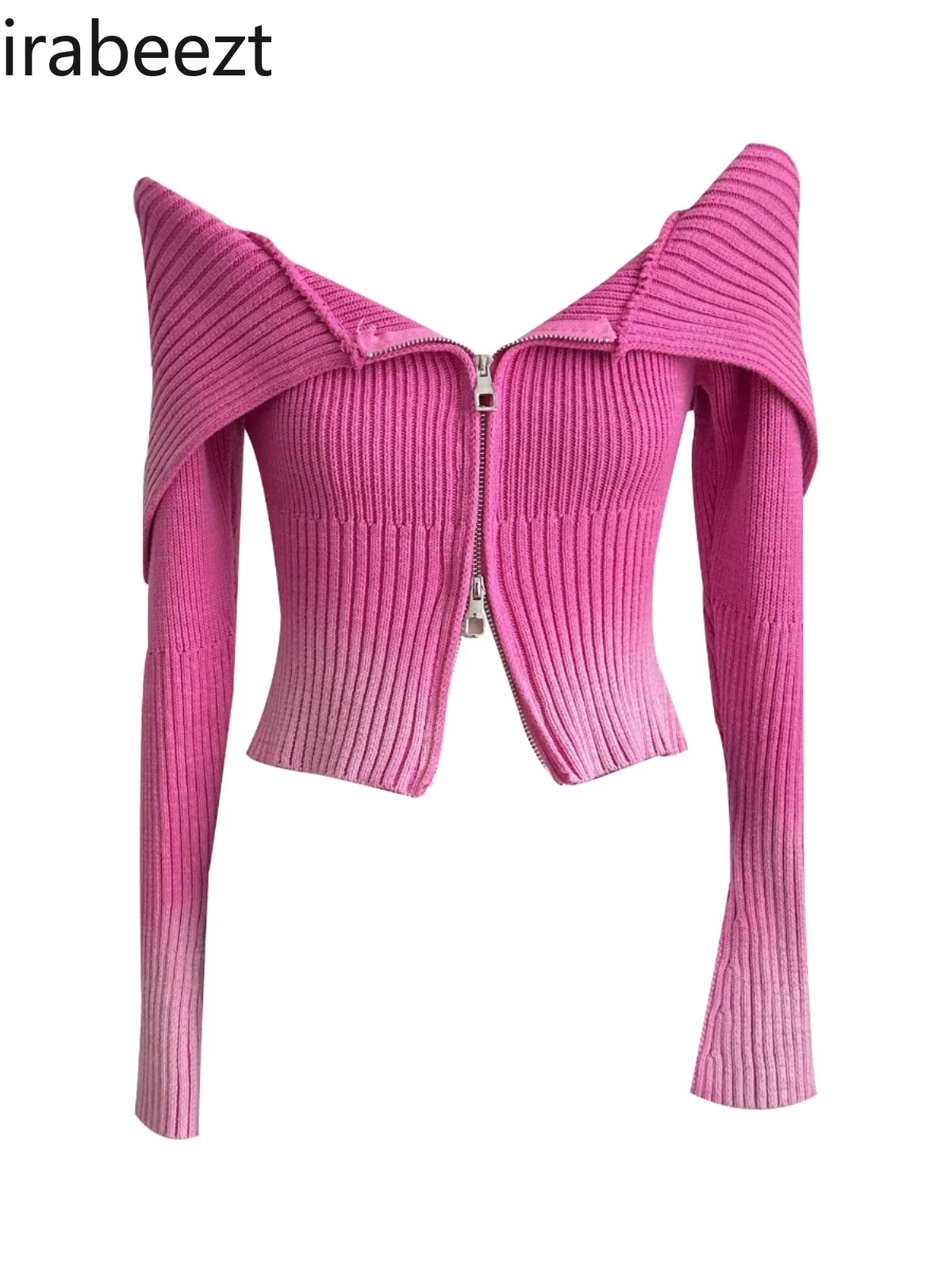 Короткий вязаный кардиган на одно плечо с темно-синим воротником и двойной