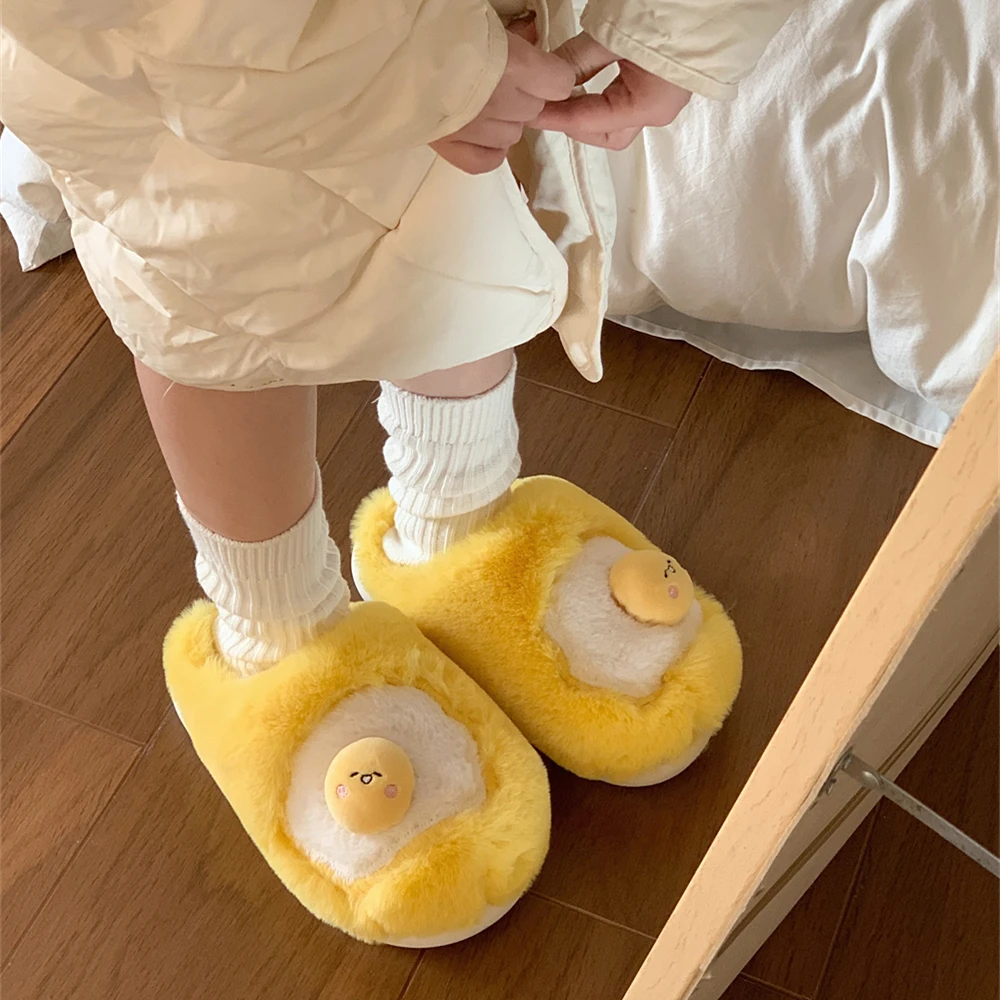 2022 New Designer Funny Goose Yellow Egg Fluffy Winter House Slipper For Women Girls Cute Fuzzy Warm Home Slippers Funny Shoes