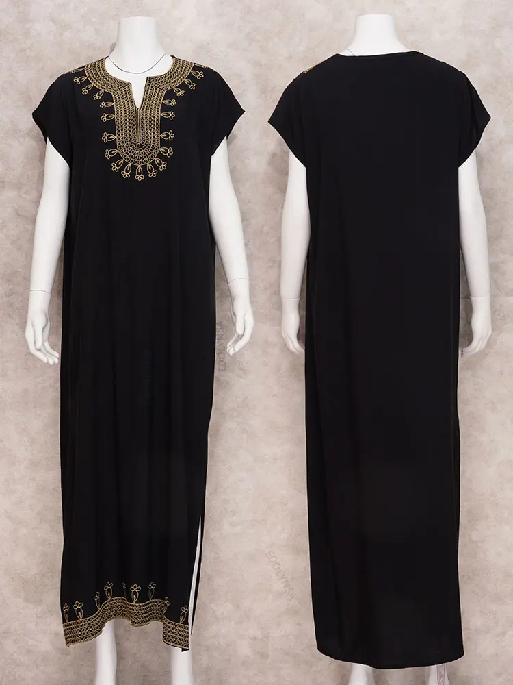 Женское платье с вышивкой коротким рукавом и разрезом сбоку | Женская одежда