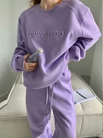 pullover pants sets female clothing casual sporty solid purple top high waist trousers two piece sets womens outifits autumn