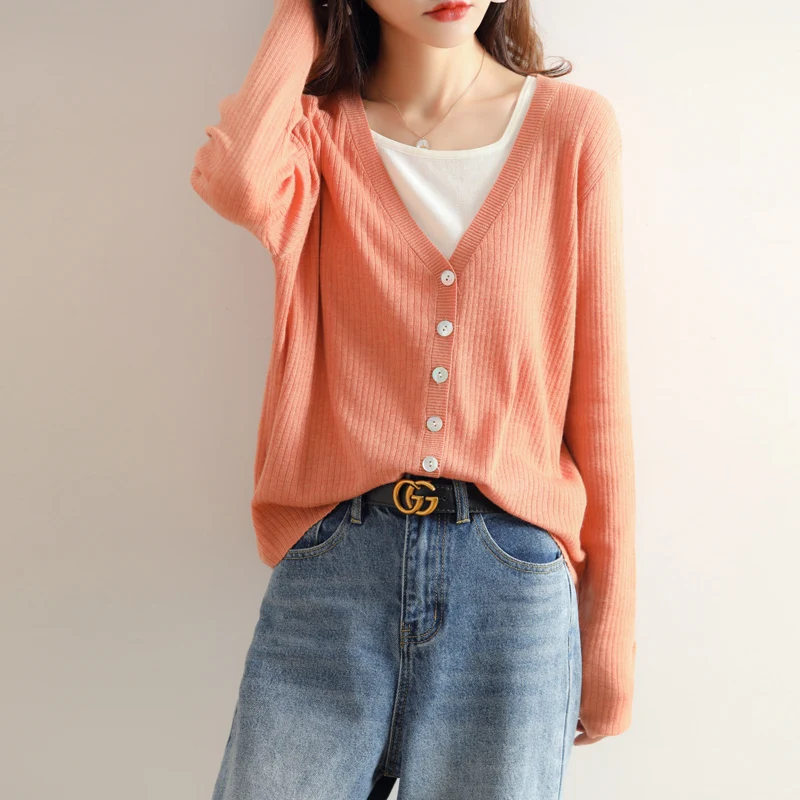 

Fine Imitation Wool Stripe V-Neck Women's Cardigan Warm Loose Sweater Autumn/Winter 2022 New Solid Color Fashion Knitwear S-XL