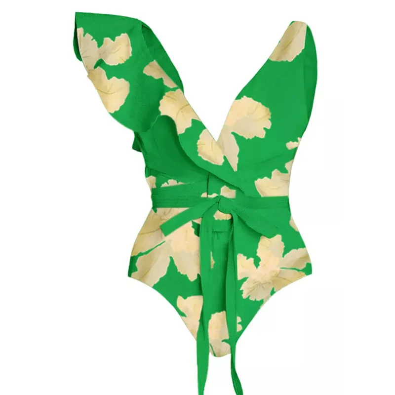 CPUTAN 2023 Female Retro Green Ruffle Swimsuit Asymmetrical Holiday Beach Dress Vintage Skirt Designer Bathing Suit Summer Surf