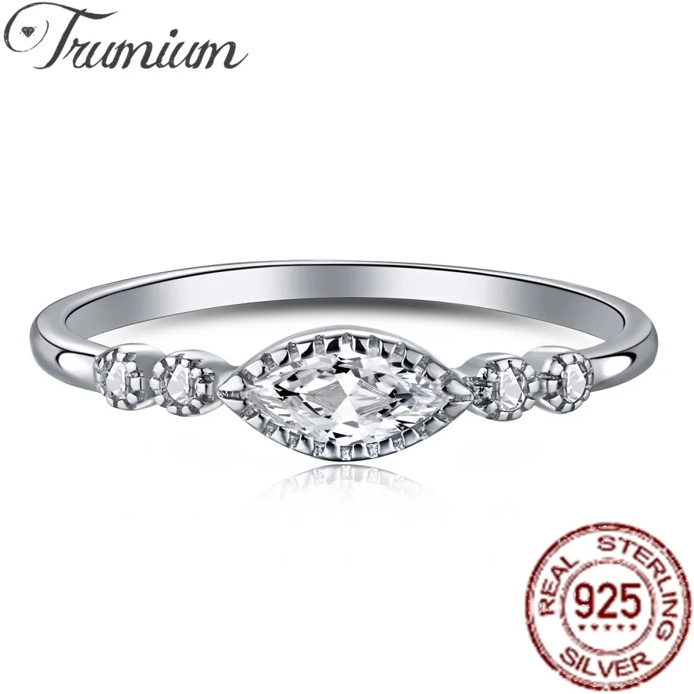 

Trumium S925 Sterling Silver Romantic Eye Shape Zircon Rings for Women Shiny 5A Geometric CZ Stackable Eternity Wedding Bands