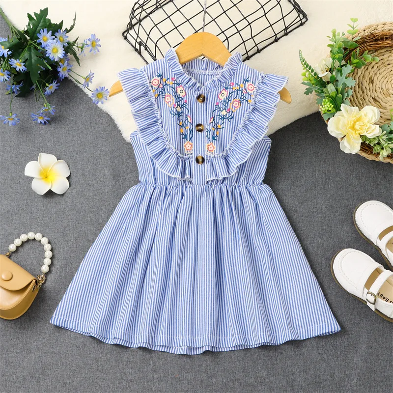 

Summer 2023 New Arrivals Girls Sleeveless Ruffles Print Floral Striped Blue Infantil Menina Cute Party Dress Custume 12M-5T