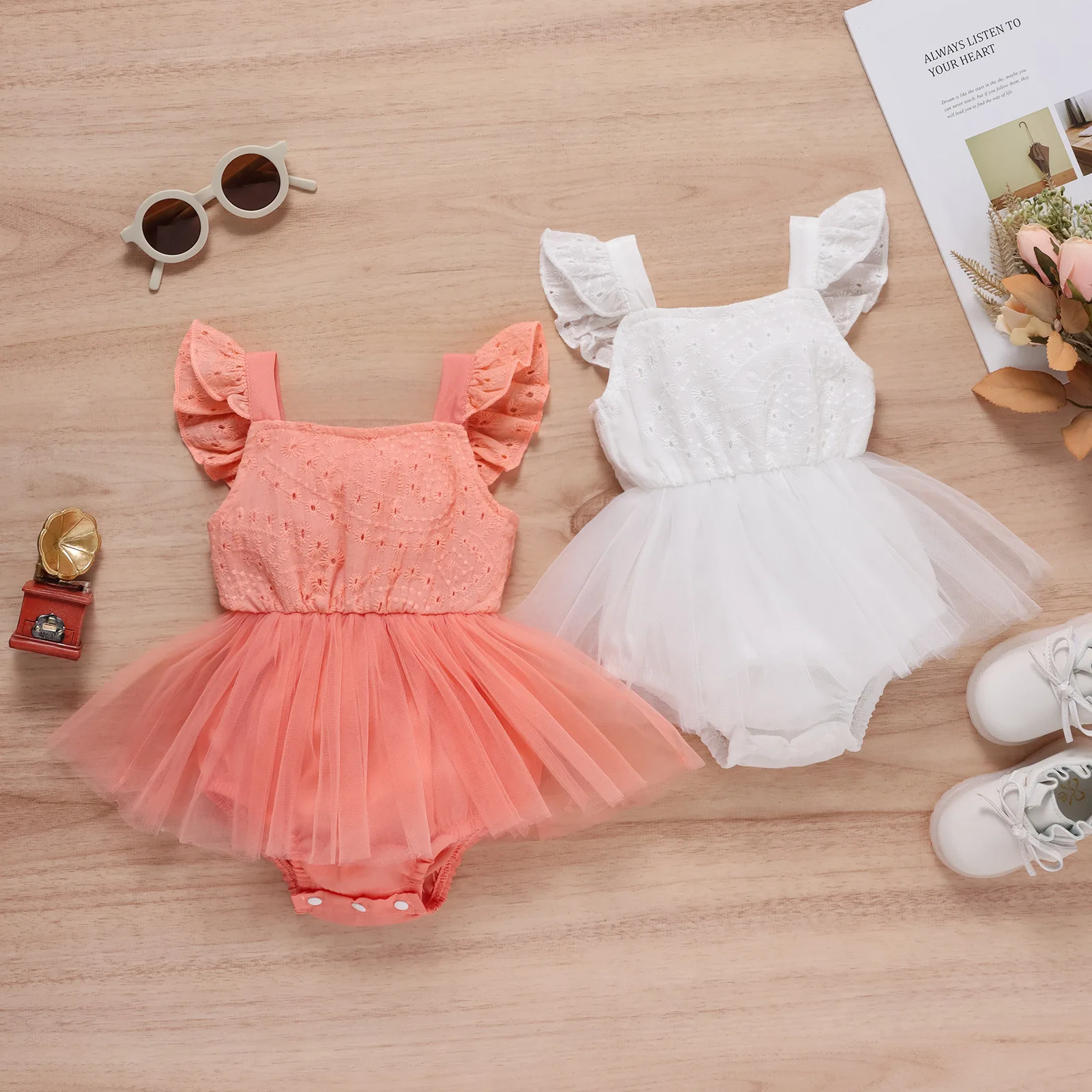 Infant Baby Girls Summer Romper Flying Sleeve Cut-Out Embroidered Mesh Skirt Triangle-Bottom Jumpsuit Newborn Cute Clothes 0-24M