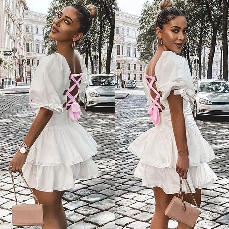 

Женское винтажное мини-платье с пышными рукавами, круглым вырезом и открытой спиной