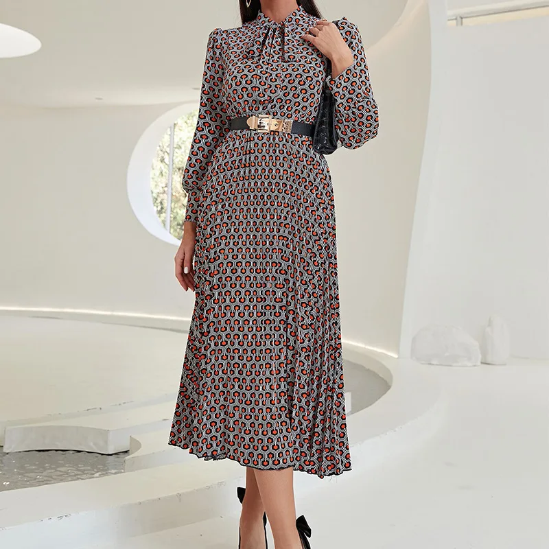 

2022 Spring Summer Women Clothing Boho Allover Geometric Print Long Sleeve Stand Collar Bust Tie(Without Belt) Long Dress