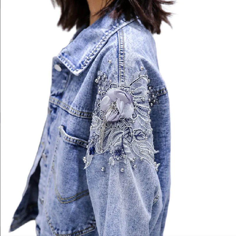 

Chic Beaded Denim Jeans Jacket Female Spring Fall Short Ins Loose Retro 3D Flowers Embroidery Coat Cardigan Single-breasted Tops