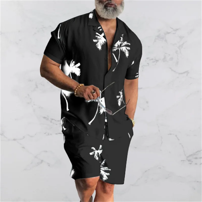 Summer Beach Wear Clothes Men Hawaiian Shirt Set 2 Piece Outfit Button Up Shirts Coconut Tree Printed Button Up TShirts Vacation