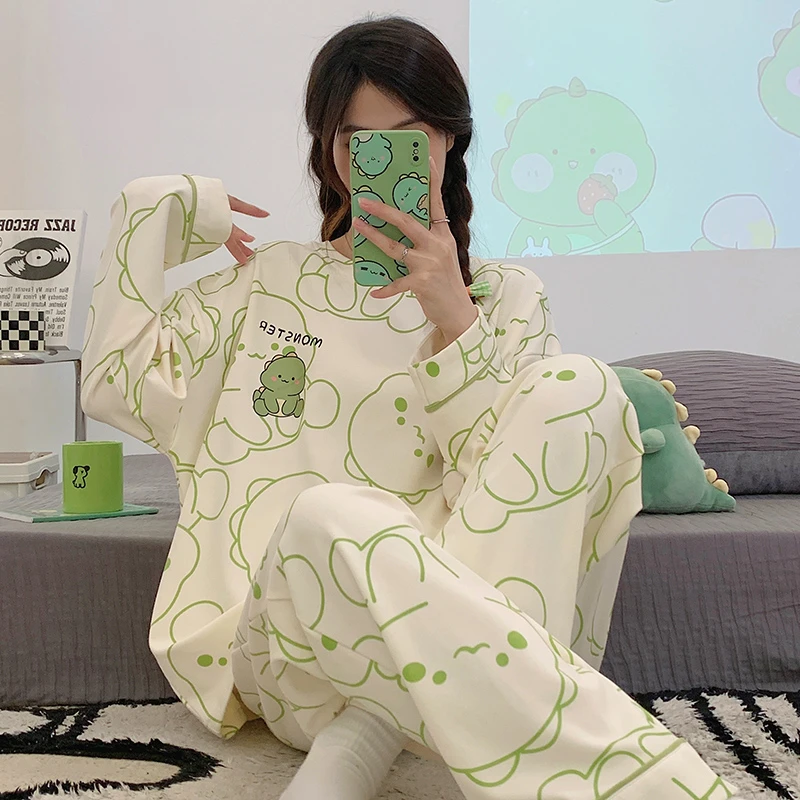 

Korean Women Pajamas Sets Clothes Autumn Long Sleeve Sleepwear Girls' Loose Pajama Mujer Cute Dinosaur Print Pijama Femme