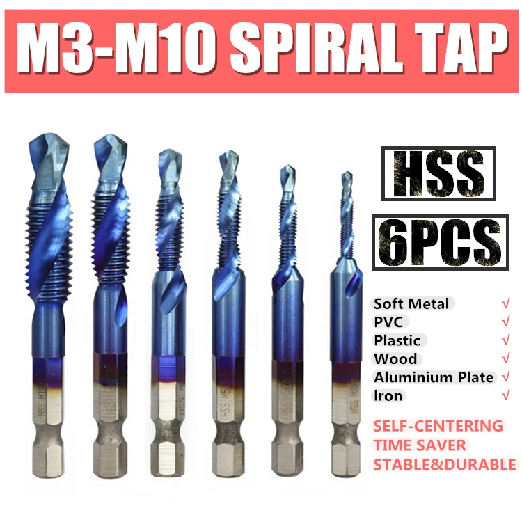 

6Pcs M3-M10 Hand Tools Set HSS Titanium Plated Hex Shank Drilling Tapping Screw Thread Spiral Compound Tap Drill Bit