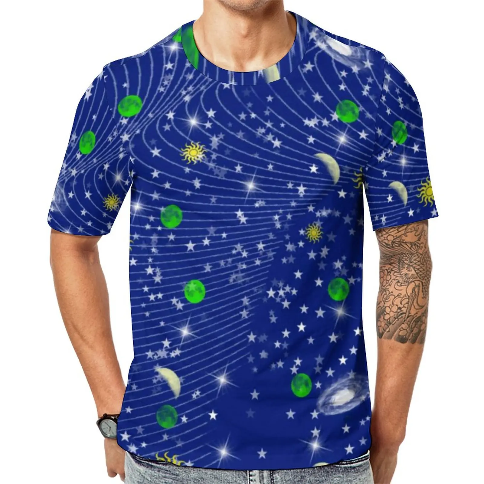

Футболка с изображением синего солнца, звезд, Луны, крутые футболки с абстрактным изображением Галактики, футболка с коротким рукавом и принтом, популярная летняя базовая одежда большого размера