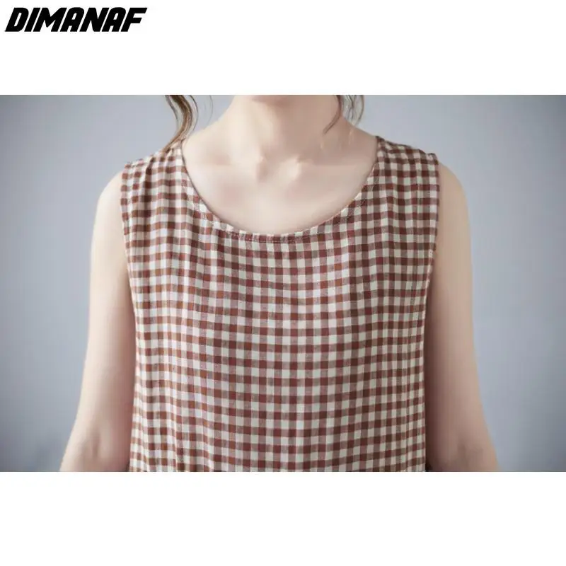 Женское длинное платье без рукавов Dimanaf свободное винтажное в клетку Пляжное