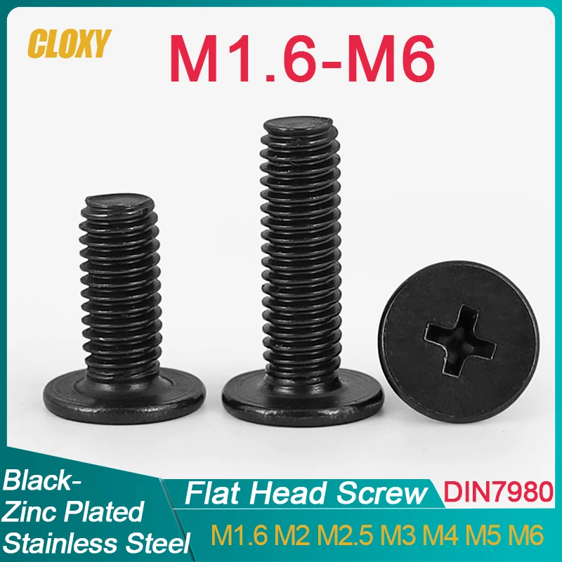 

CM Черный оцинкованный болт из нержавеющей стали 304 с крестообразным шлицем и ультратонкой плоской вафельной головкой для ноутбука M1.6 M2 M2.5 M3 M4 M5 M6