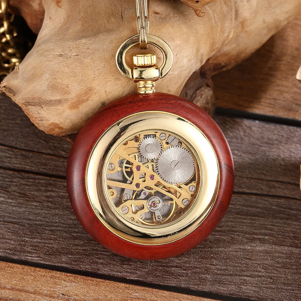 Wooden Case Mechanical Pocket Watch Hand Winding Steampunk Skeleton Fob Watches Chain Romans Necklace Pendant For Men Women